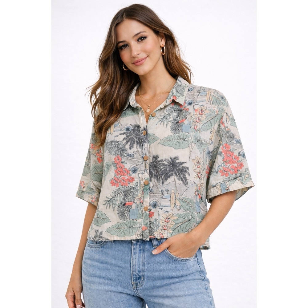 C&C California 100% Linen Blouse XL Tropical Beach Print Button Front Shirt‎